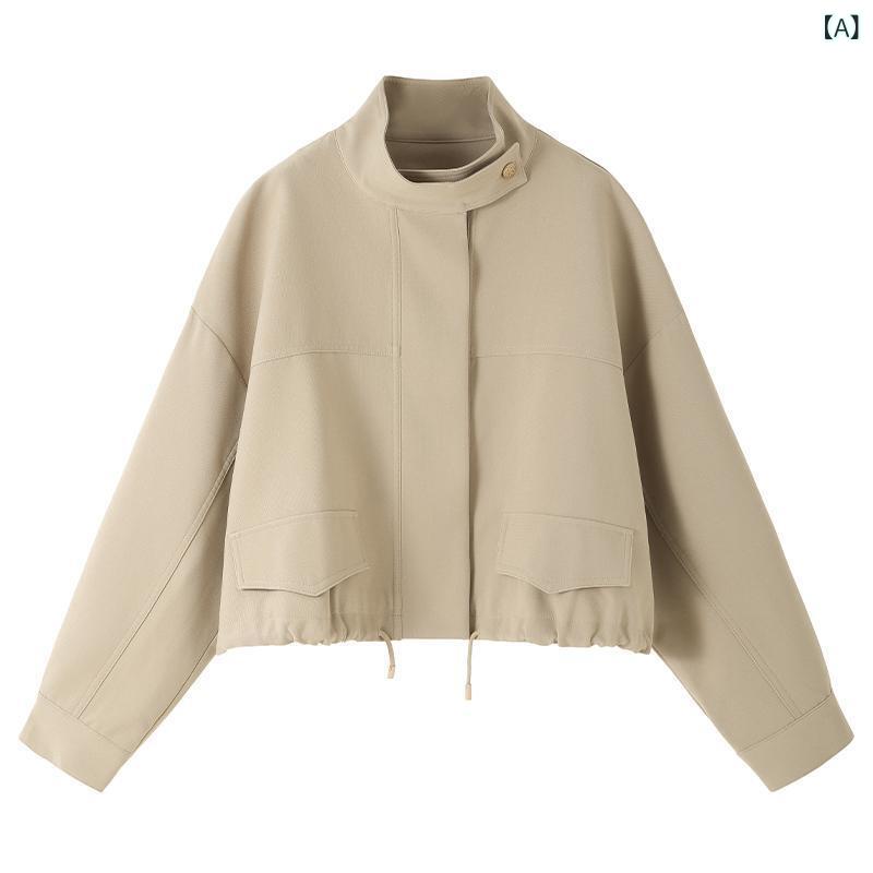 くらしのセロネのレディース トレンチコート ジャケット ショート丈 スタンドカラー ドローストリング ゆったり 上品 高見え 通勤 オフィスカジュアル きれいめ 大人 カジュアル 春 秋 スプリングコート ライトアウター｜アングル2
