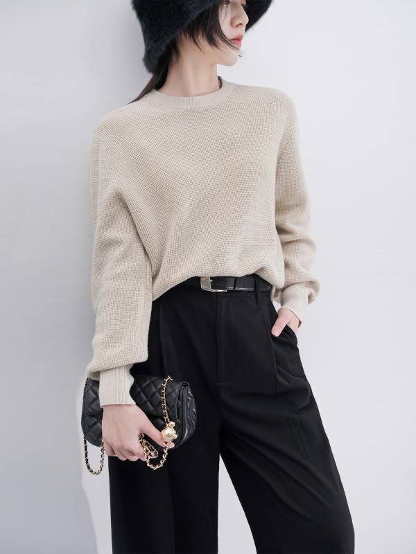 Tunics - レディース ニット セーター 綿麻 リネン混 クルーネック 長袖 プルオーバー ゆったり 通気性 着痩せ 体型カバー カジュアル 大人可愛い 上品 高見え シンプル 春 秋 トップス