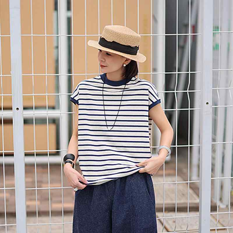 レディース ニット 半袖 Tシャツ ヘンプ コットン 混紡 フレンチ ストライプ ベージュ ブルー 襟リブ 春夏 上品 きれいめ カジュアル 涼しい 通気性 大人可愛い トップス