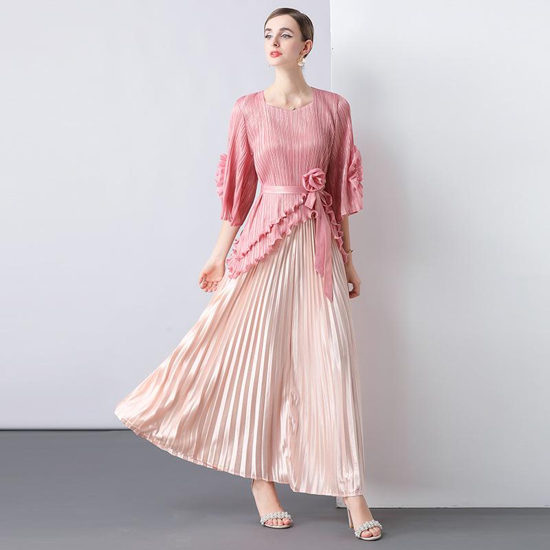 Tunics - レディース セットアップ スカート 2点セット プリーツ アシンメトリー トップス 上品 高見え きれいめ 通勤 オフィス オフィスカジュアル 大人可愛い フェミニン 華やか エレガント 春夏