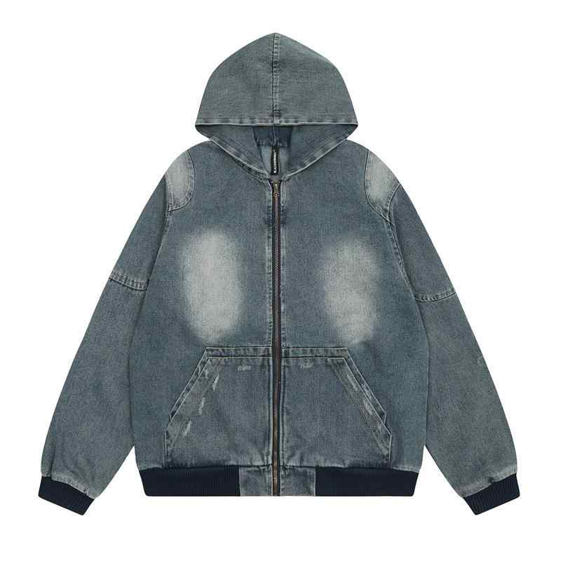 メンズ デニムジャケット フード付き ヴィンテージ風 ウォッシュ加工 ユーズド加工 アメカジ ストリート系 ヒップホップ 秋服 ライトアウター カジュアル 羽織り(x2)