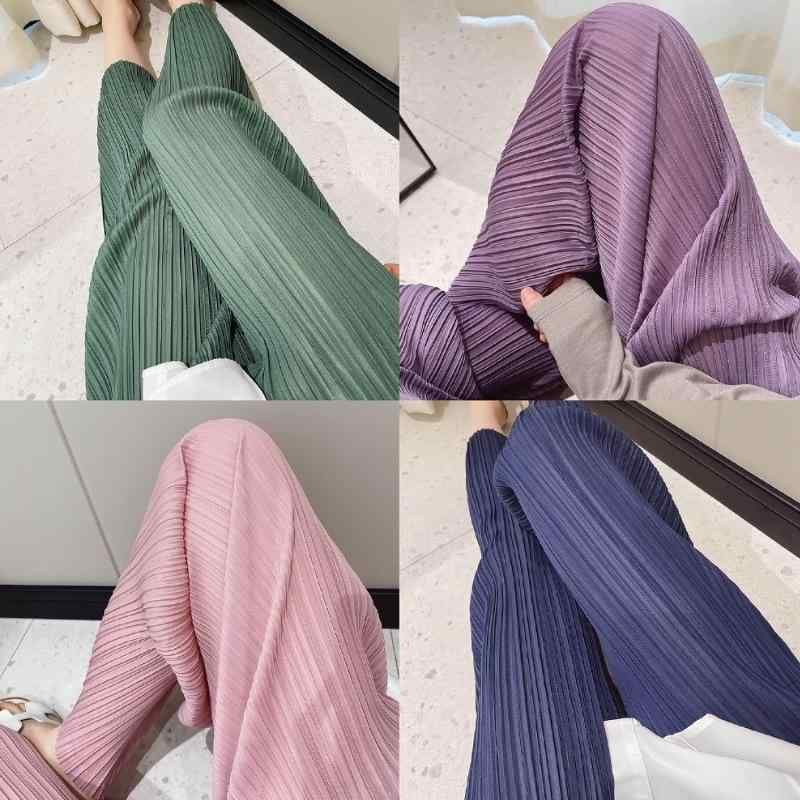 設計 - ワイドパンツ プリーツパンツ ストレートパンツ 9分丈 アンクル丈 細見え スタイルアップ 体型カバー きれいめ カジュアル トレンド オフィスカジュアル 楽ちん シンプル ウエストゴム 無地 春 夏 秋