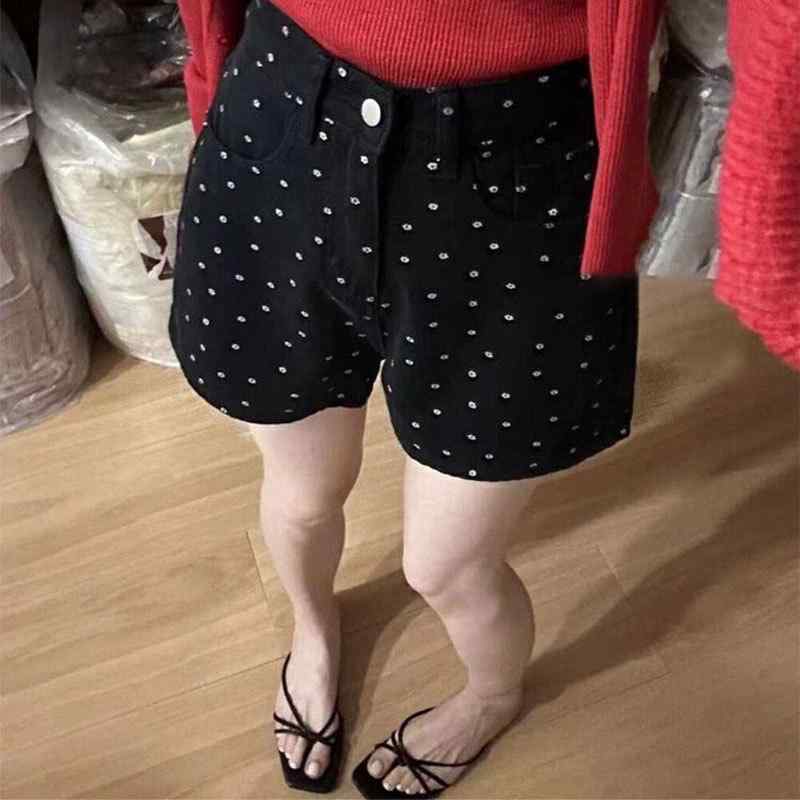 レディース ショートパンツ デニム ホットパンツ ハイウエスト Aライン ワイド ドット柄 小花柄 薄手 カジュアル トレンド 脚長効果 美脚 ブラック 夏