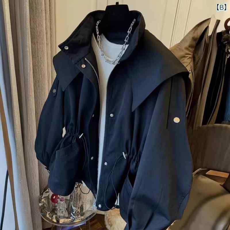 レディース アウター トレンチコート ショート丈 ミリタリー ワーク風 ドロスト ウエストマーク ゆったり 体型カバー カジュアル 韓国風 おしゃれ きれいめ ライトアウター 羽織り 春 秋 春服 秋服