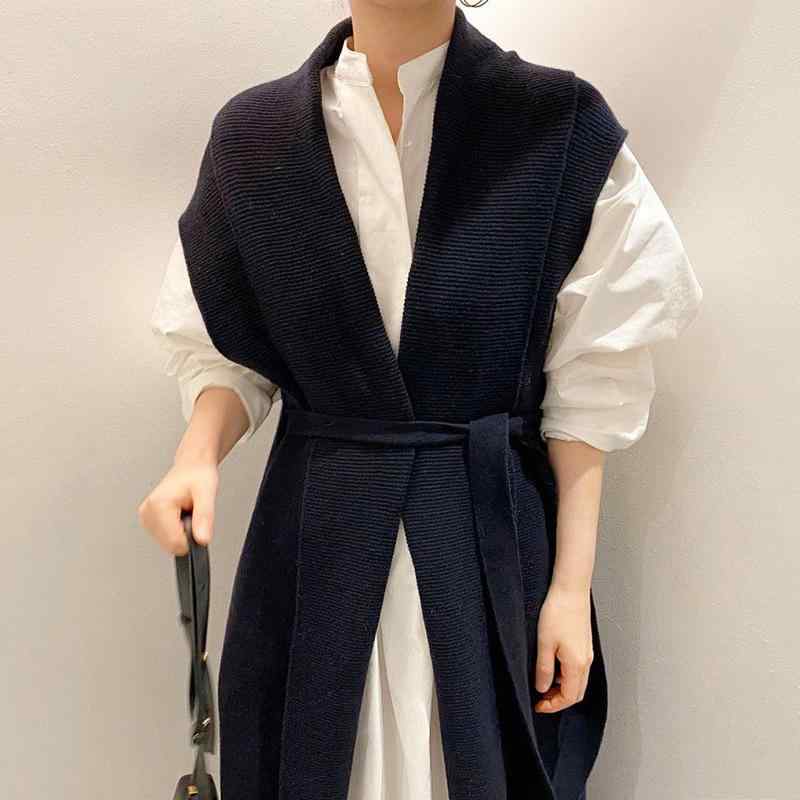 レディース シャツワンピース ニットベスト セット パフスリーブ Vネック ロング丈 ウエストマーク 細見え ゆったり シンプル 上品 きれいめ 大人可愛い 韓国ファッション レイヤード 重ね着 春 秋