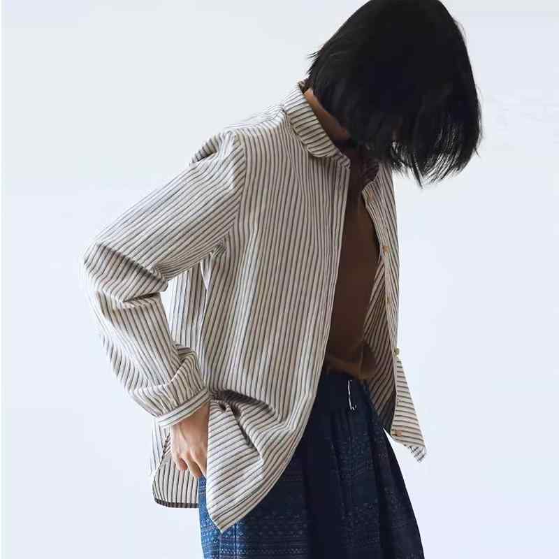 乐天商城 - レディース シャツ ブラウス 長袖 ストライプ 綿100% サンドウォッシュ 柔らかい ナチュラル トップス インナー 着回し カジュアル 大人可愛い 春夏