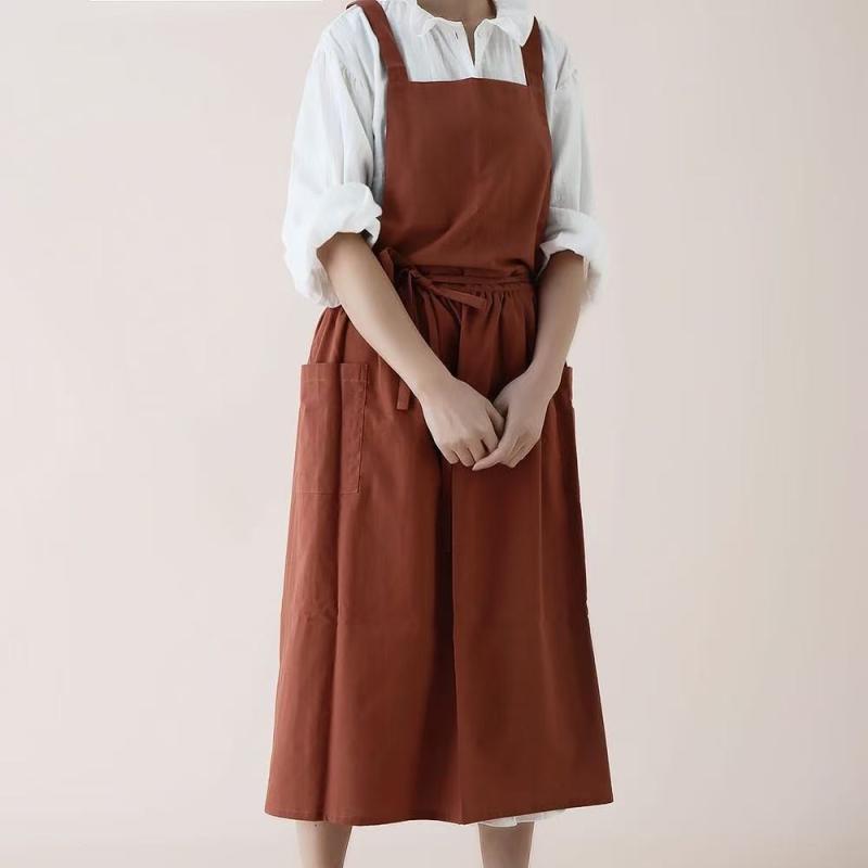 レディース エプロン 北欧風 無地 ロング丈 レトロ ワークエプロン カフェ風 ガーデニング ネイルサロン フラワーショップ 作業用 おしゃれ 高見え 上品 ナチュラル シンプル 和風 料理用 スモック 事務用(x2)