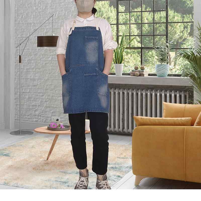 Rakuten - 男女兼用 エプロン デニム カフェエプロン ワークエプロン 飲食店 業務用 前掛け 韓国風 配色ストラップ 厚手 丈夫 料理 キッチン 園芸 ガーデニング DIY 作業用 作業着 高見え シンプル おしゃれ ベーカリー 厨房 スイーツショップ(x10)