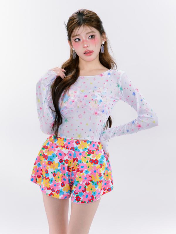 Two-Piece - レディース 水着 セパレート 4点セット 長袖 UVカット 日焼け対策 体型カバー 着痩せ 細見え ビーチ 海 温泉 リゾート 旅行 大人可愛い スイムウェア