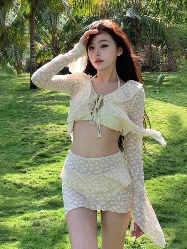 レディース 水着 ビキニ 4点セット セパレート 長袖 体型カバー お腹カバー スタイルアップ 大人可愛い 上品 清楚 リゾート ビーチ 海 温泉 海外旅行 プール ママ水着