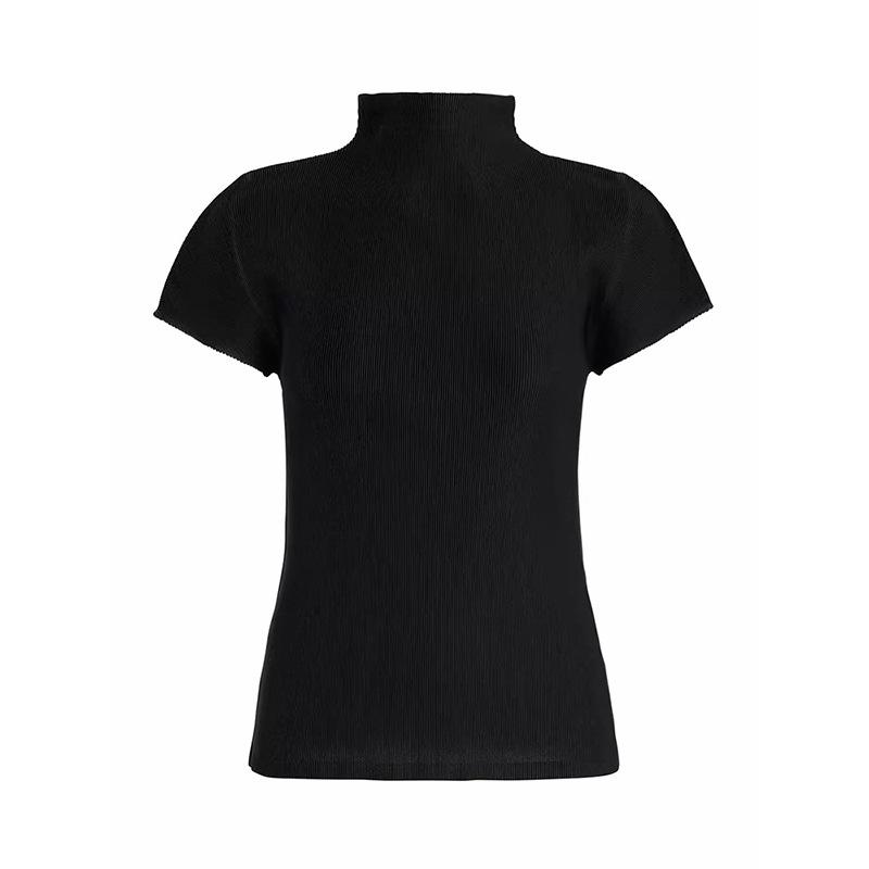 レディース Tシャツ ブラウス プリーツ ハイネック 半袖 無地 トップス 上品 きれいめ 細見え 着回し 大人可愛い こなれ感 おしゃれ カジュアル 春夏