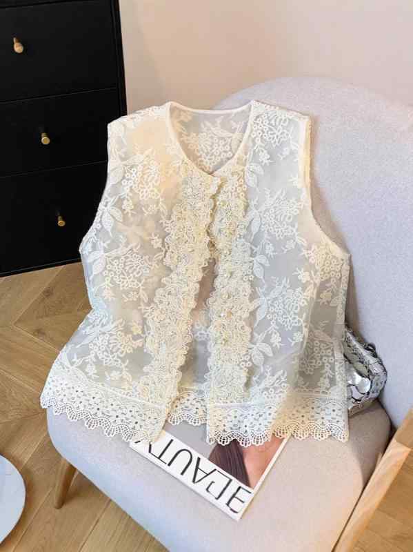 レディース ベスト ジレ チャイナ風 刺繍 スパンコール オーガンジー パールボタン ノースリーブ シアー 透け感 上品 高見え きれいめ 薄手 夏