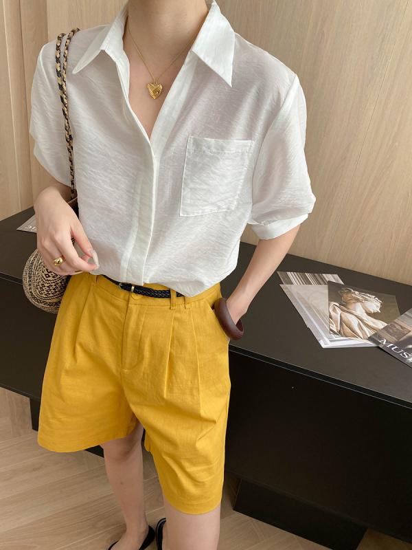 Other - レディース シャツ ブラウス 半袖 テンセル混 襟付き 胸ポケット 通気性 涼しい ゆったり きれいめ 上品 オフィス 通勤 オフィスカジュアル 夏服 大人 カジュアル 無地