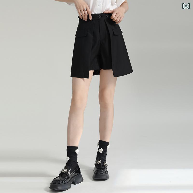 レディース ショートパンツ キュロット Aライン ハイウエスト ワイド フェイクレイ...