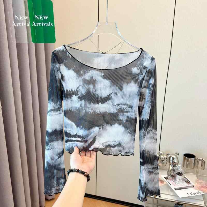 レディース トップス Tシャツ シアーシャツ 長袖 タイダイ柄 切り替え メッシュ素材 シアー 薄手 UVカット 日焼け防止 羽織り 重ね着 透け感 トレンド デザイン 大人可愛い カジュアル 夏