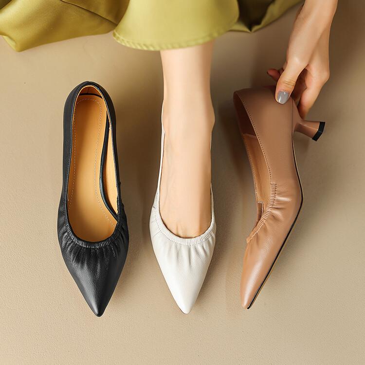 レディース パンプス 本革 牛革 オールレザー ポインテッドトゥ ミドルヒール ギャザー 浅口 上品 通勤 オフィス カジュアル きれいめ ベーシック 大人可愛い シンプル 春