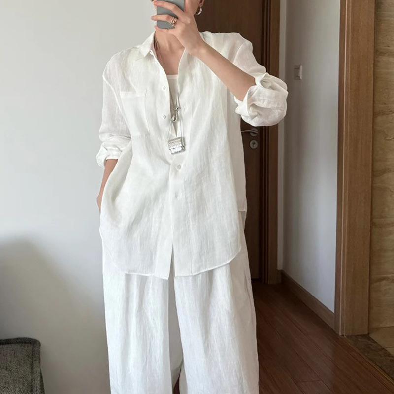 Other - レディース セットアップ シャツ ブラウス ワイドパンツ 綿麻 リネン ホワイト UVカット 紫外線対策 涼しい 上品 高見え きれいめ エレガント オフィスカジュアル 夏