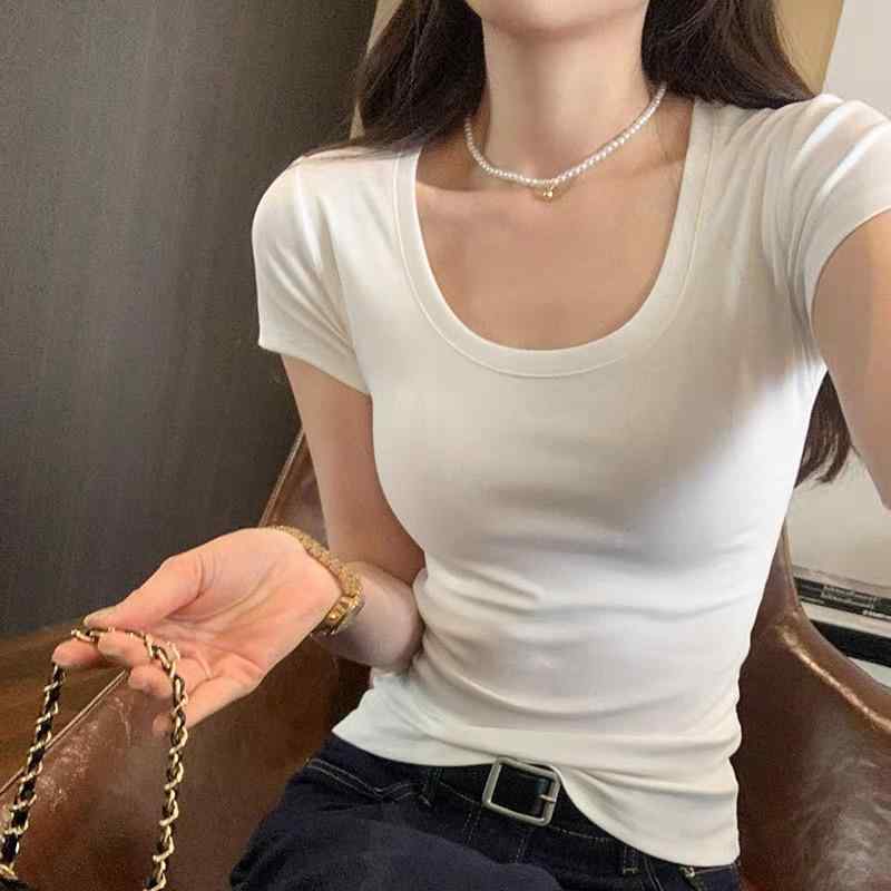 レディース Tシャツ 半袖 Uネック ローネック タイト フィット インナー 重ね着 無地 シンプル ホワイト 夏 春夏 細見え スタイルアップ 伸縮性 デイリー カジュアル
