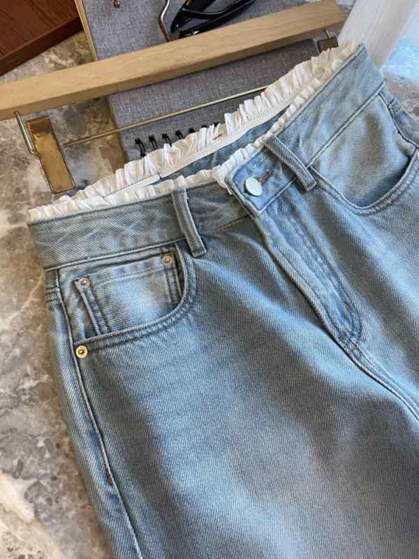 レディース デニムパンツ ジーンズ ハイウエスト スリムストレート ウエストフリル ロング丈 ジーパン ボトムス 細見え 脚長効果 体型カバー 上品 大人可愛い ガーリー カジュアル きれいめ 春