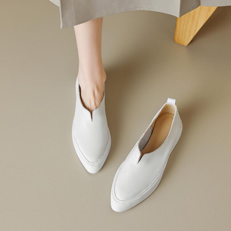 レディース パンプス ローファー フラットシューズ 本革 Vカット ポインテッドトゥ 厚底 スリッポン 柔らかい ソフトレザー 履き心地よい 歩きやすい 痛くない 疲れにくい 通勤 カジュアル ホワイト 春夏