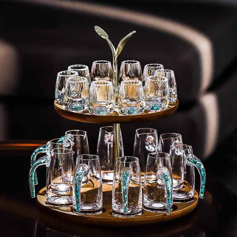 RVF400 - 酒器セット お猪口 徳利 金箔 クリスタルガラス ターコイズ 高級感 上品 高見え 家庭用 ショットグラス ミニグラス 冷酒 日本酒 焼酎 ぐい呑み 透明 おしゃれ 豪華 晩酌 来客用 和風 モダン