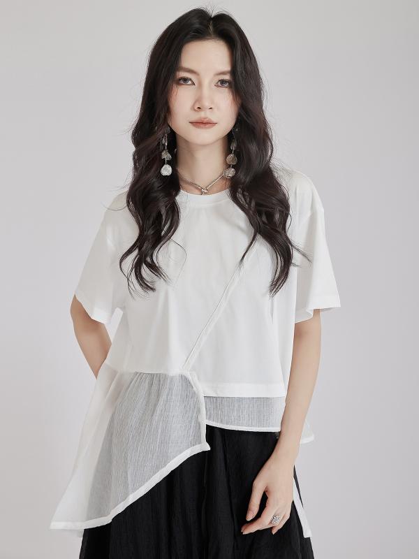 乐天商城 - レディース Tシャツ 半袖 アシンメトリー 切り替え デザイン性 ゆったり 細見え 個性的 海外風 高見え カジュアル トレンド トップス 春 夏