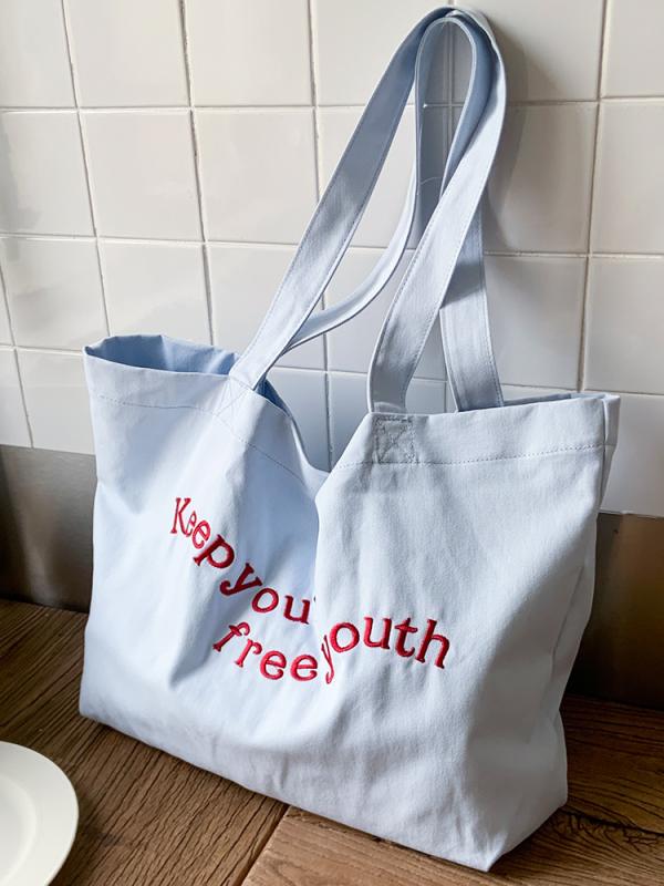 レディース トートバッグ キャンバス 大容量 刺繍 英字ロゴ 大人可愛い カジュアル 普段使い トレンド 軽量 通学 買い物 肩掛け マチ広 丈夫 イエロー 夏