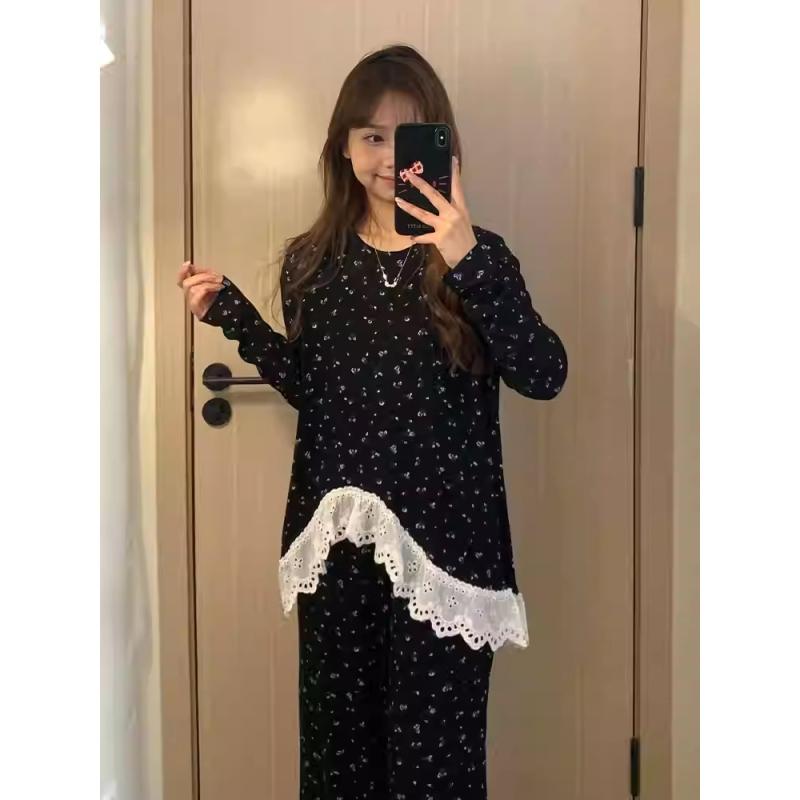 乐天商城 - レディース パジャマ ルームウェア 上下セット 長袖 花柄 フリル 韓国風 小花柄 フェミニン ガーリー 大きいサイズ ゆったり 楽ちん 体型カバー 可愛い 春 秋