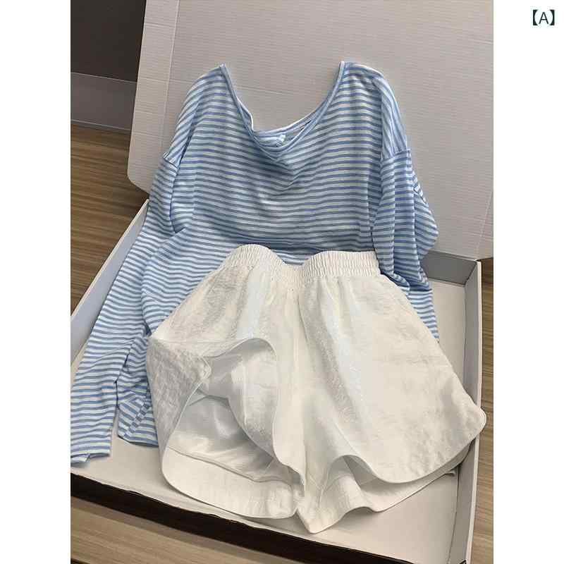 くらしのセロネのレディース パジャマ ルームウェア 上下セット ストライプ 長袖 トップス ショートパンツ ゆったり シンプル カジュアル ワンマイルウェア 楽ちん 体型カバー セットアップ 夏 部屋着｜アングル2