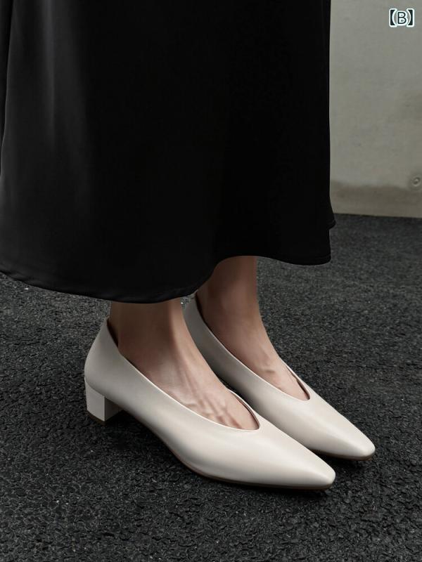 レディース パンプス ポインテッドトゥ チャンキーヒール 太ヒール 浅履き 上品 シンプル きれいめ 大人可愛い フェミニン 通勤 オフィス カジュアル トレンド 合わせやすい 春 秋 3