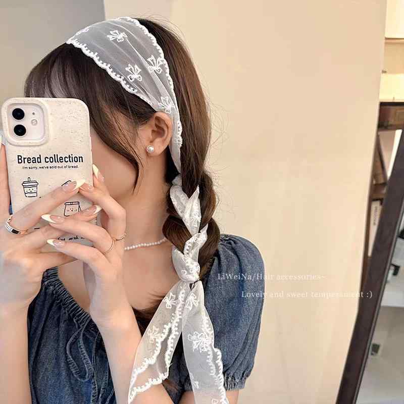 レディース ヘアアクセサリー ヘアバンダナ 三角巾 スカーフ レース リボン ロングリボン 髪飾り ヘアバンド ターバン 大人可愛い 韓国ファッション 高見え 上品 トレンド カジュアル 多機能