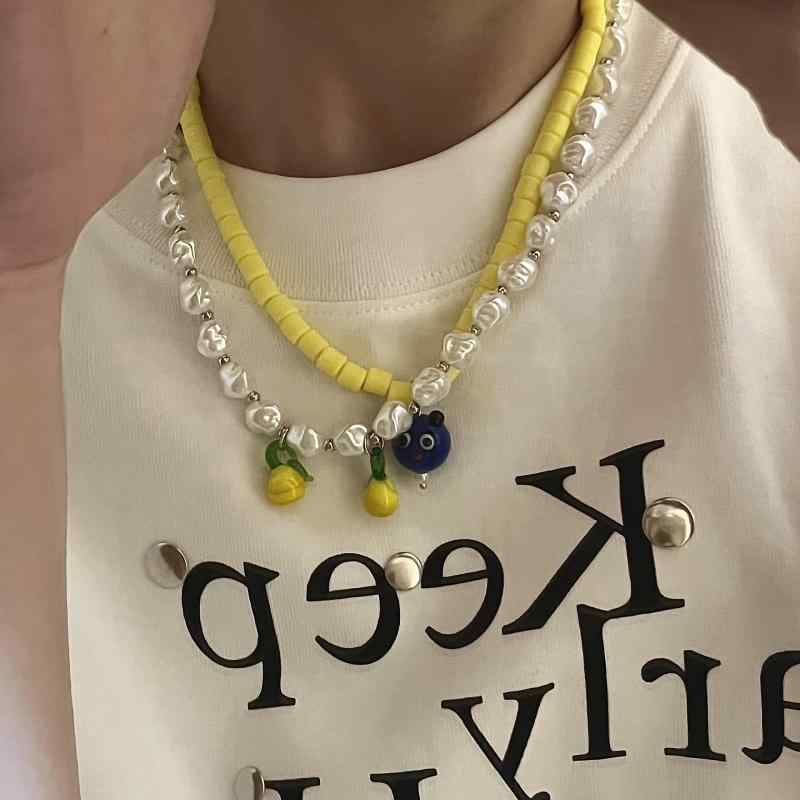 レディース ネックレス パール ビーズ ハンドメイド レトロ ヴィンテージ風 不規則 カラフル キャラクター モチーフ ショートネックレ..