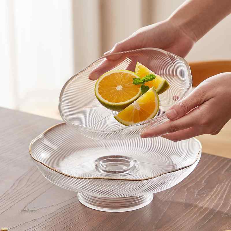 フルーツバスケット ガラス製 高脚 菓子器 フルーツボウル 大皿 金縁 プレート モ...