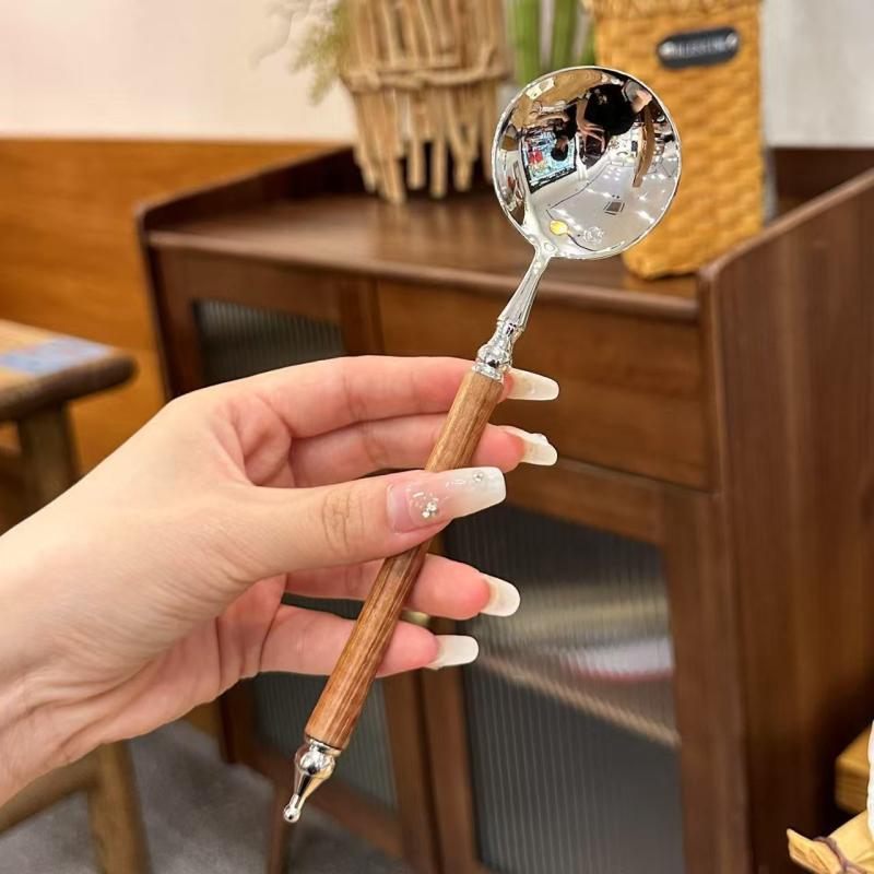 Rakuten - スプーン ステンレス 丸型 ロングハンドル 木製ハンドル風 ローズウッド調 スープ デザート カトラリー キッチン用品 普段使い 上品 高見え おしゃれ 食事用