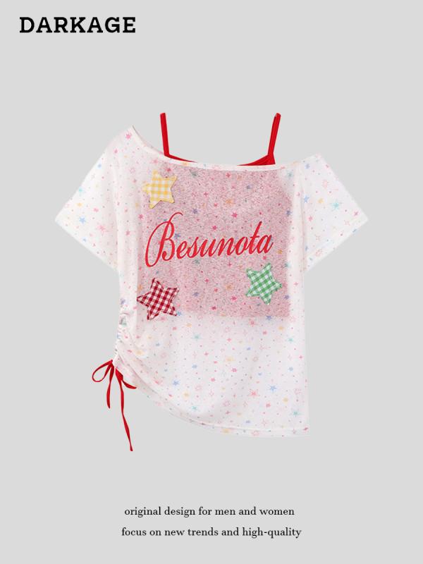 Fabric, Cloths - レディース Tシャツ 半袖 アメリカンレトロ バタフライ 蝶 ワッペン オープンショルダー ワンショルダー アシンメトリー リボン レースアップ Y2K ギャル服 トレンド スタイルアップ 大人可愛い カジュアル トップス 夏