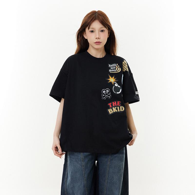 Rakuten - メンズ 男女兼用 Tシャツ 半袖 クルーネック 綿100% 刺繍 アメリカンスタイル ストリート系 ゆったり オーバーサイズ ビッグシルエット カジュアル トップス インナー 万能 トレンド 大人カジュアル 夏 春夏