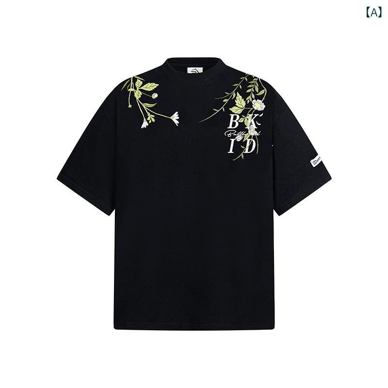 Cotton （Patterned Cloth） - 男女兼用 ユニセックス Tシャツ クルーネック 半袖 刺繍 ゆったり オーバーサイズ トレンド カジュアル 普段使い 夏 カットソー シンプル プルオーバー
