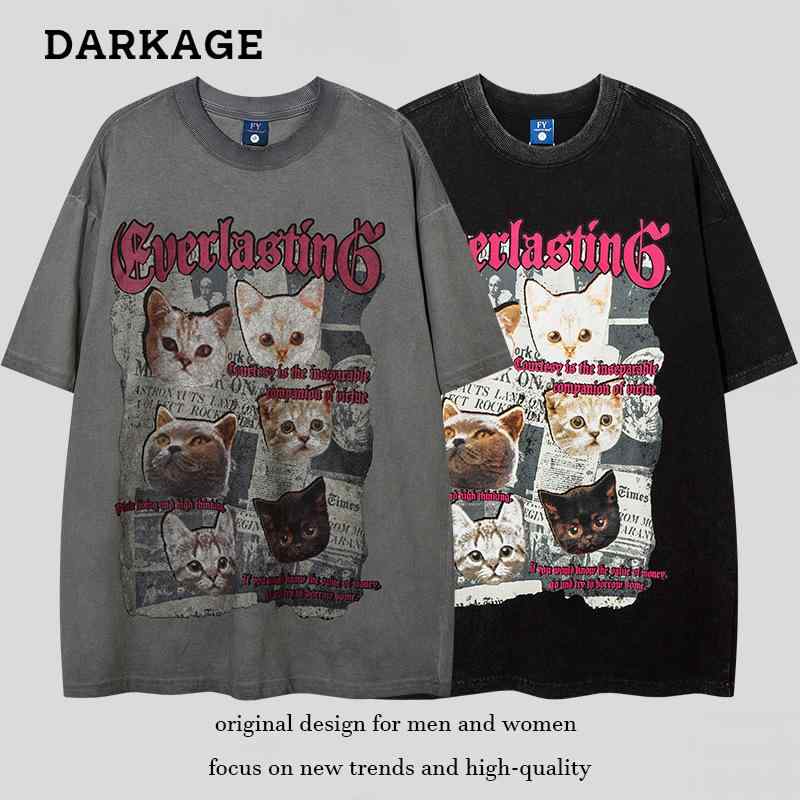 Rakuten - メンズ レディース 男女兼用 Tシャツ 半袖 猫 プリント アメリカンレトロ ヴィンテージ加工 ウォッシュ加工 オーバーサイズ ビッグシルエット クルーネック カジュアル ストリート 楽ちん 夏服