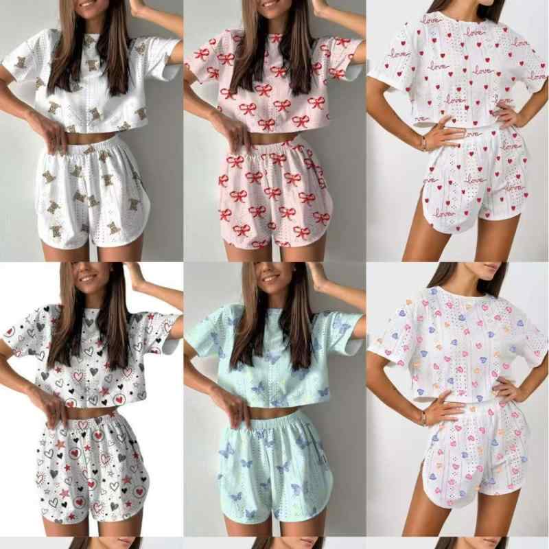レディース ルームウェア パジャマ 上下セット 半袖 ショートパンツ 2点セット ジャガード 総柄 プリント 部屋着 寝巻き セットアップ 大人可愛い 高見え 楽ちん リラックス おしゃれ 夏用 春夏