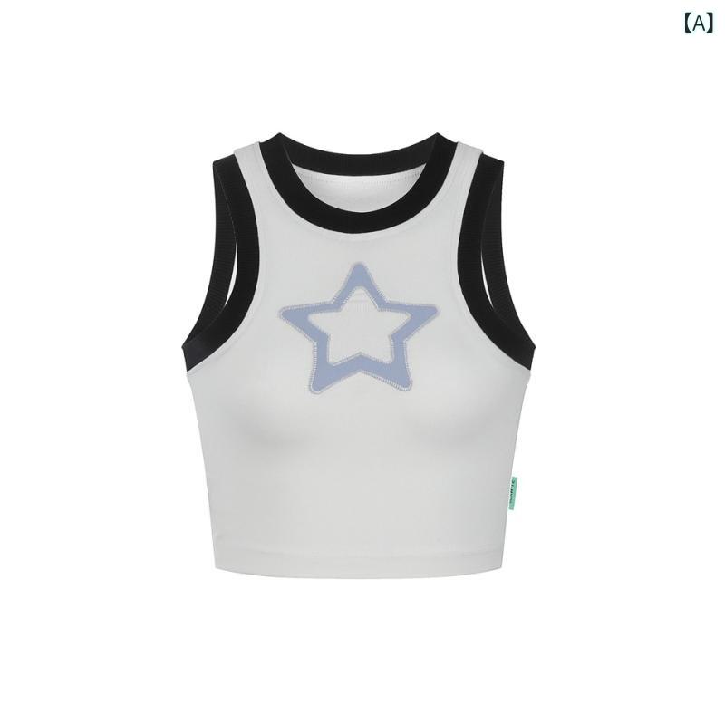 レディース タンクトップ ノースリーブ Tシャツ カットソー 星柄 スター ショート...