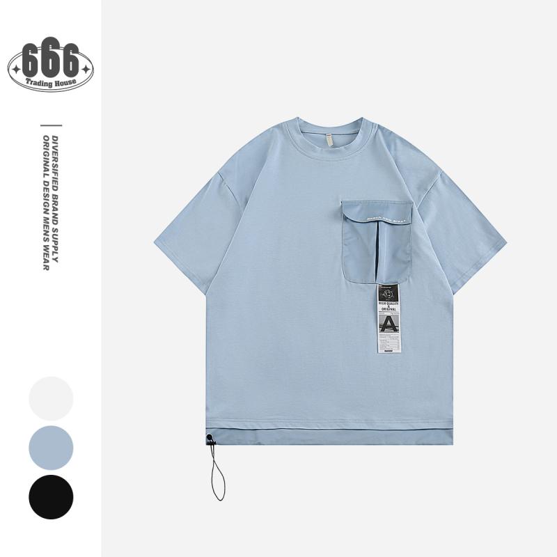 メンズ Tシャツ 半袖 クルーネック 切り替え ポケット付き ゆったり オーバーサイ...