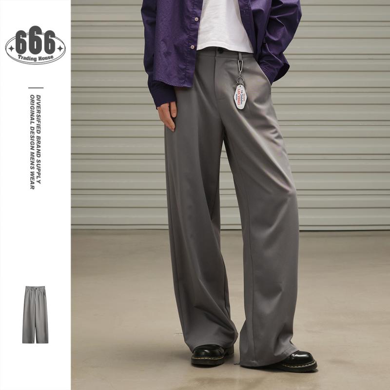 链 - メンズ パンツ スラックス ストレート ワイドパンツ ゆったり ロング丈 カジュアル トレンド きれいめ シティボーイ ヴィンテージ風 レトロ アメリカン アメカジ オフィス ボトムス 無地 ズボン 春 夏 秋 冬 シンプル 楽ちん おしゃれ