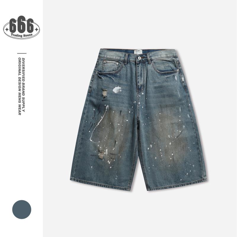 メンズ デニム ハーフパンツ ショートパンツ ダメージ加工 ペイント加工 ゆったり クロップド 7分丈 アメカジ ストリート カジュアル 楽ちん 動きやすい 夏