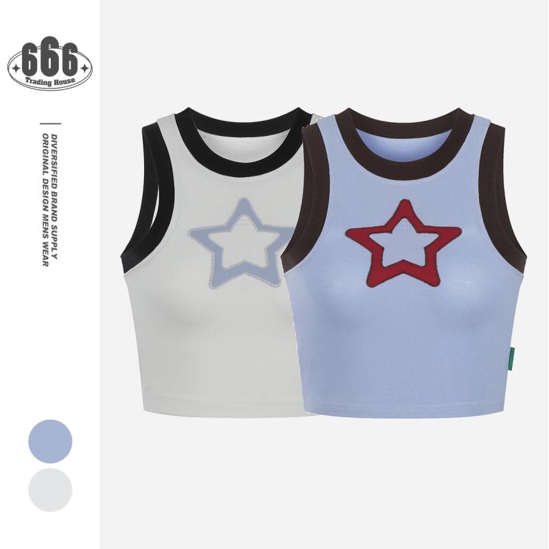 乐天商城 - レディース タンクトップ ノースリーブ Tシャツ ショート丈 クロップド丈 刺繍 星柄 アメリカンスタイル カレッジ風 ヘソ出し スポーティー トレンド スタイルアップ カジュアル 動きやすい 夏