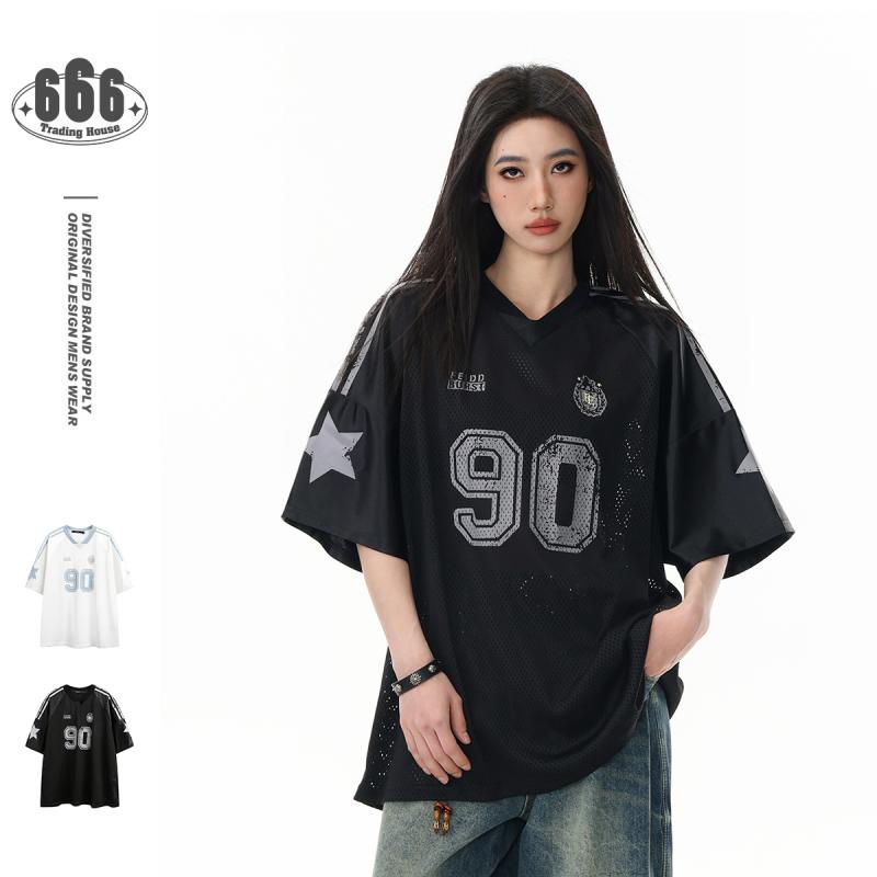 男女兼用 Tシャツ Vネック メッシュ ジャージ ユニフォーム風 半袖 ゆったり オーバーサイズ レトロ ヴィンテージ風 スポーツ カジュアル ストリート ペアルック 通気性 涼しい 春夏