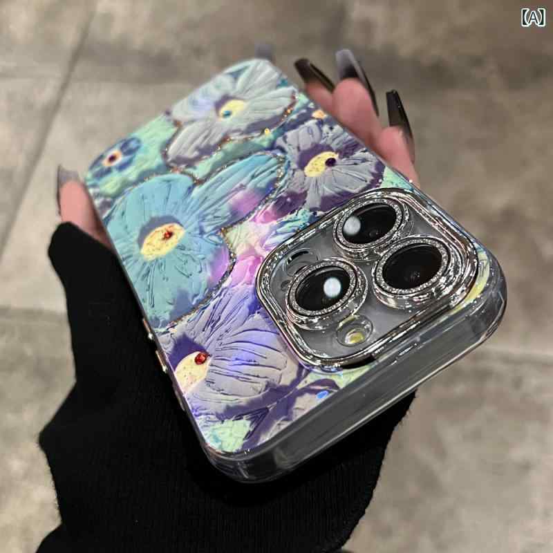 レディース スマホケース 韓国風 油絵風 アート調 ラインストーン ビジュー ラメ ...
