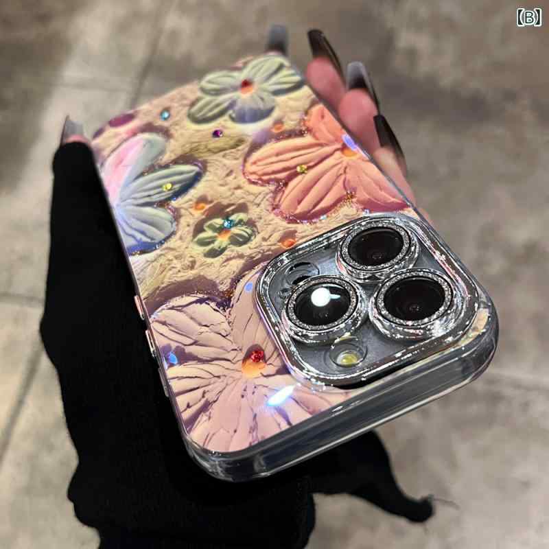 レディース スマホケース 韓国風 油絵風 アート調 ラインストーン ビジュー ラメ ...