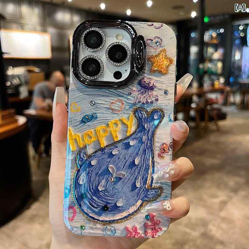 レディース iPhoneケース スマホケース iPhone16 iPhone15 Pro Max iPhone14 Plus スタンド機能 油絵風 サメ モチーフ ラインストーン キラキラ ブルーライト加工 鏡面仕上げ レンズ保護 高見え 個性的 大人可の商品画像 2