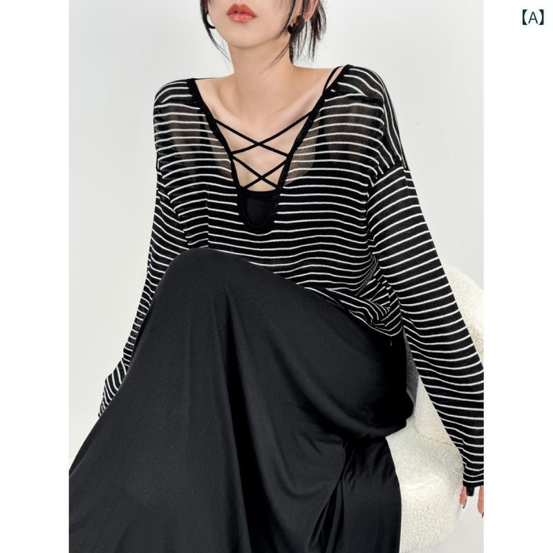 くらしのセロネのレディース ニット Tシャツ トップス シアーニット サマーニット 長袖 ストライプ UVカット 透かし編み バッククロス 背中あき ゆったり 薄手 大人可愛い きれいめ トレンド 透け感 レイヤード 春夏｜アングル2