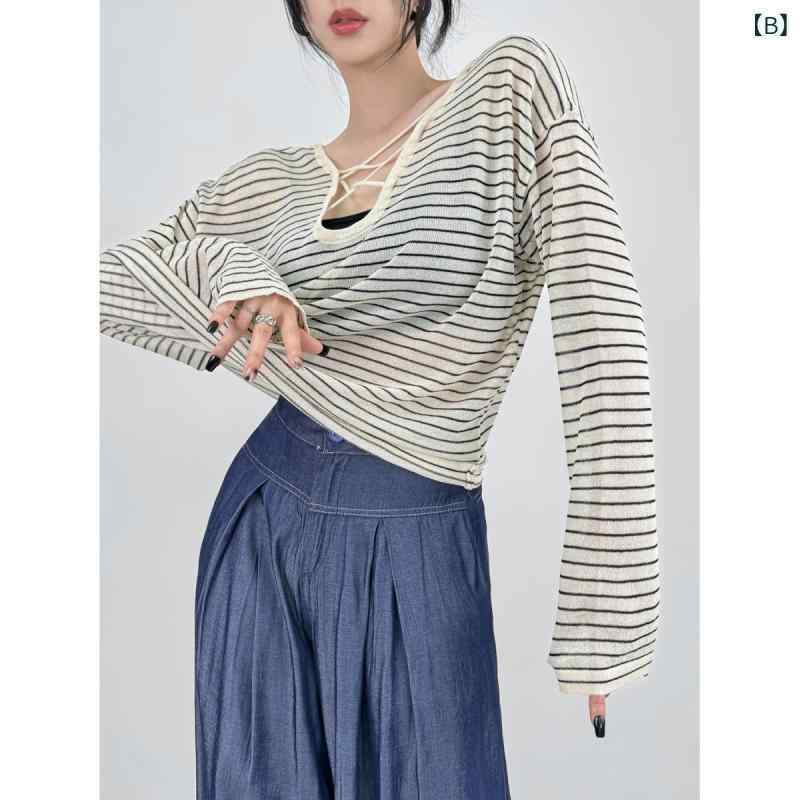 くらしのセロネのレディース ニット Tシャツ トップス シアーニット サマーニット 長袖 ストライプ UVカット 透かし編み バッククロス 背中あき ゆったり 薄手 大人可愛い きれいめ トレンド 透け感 レイヤード 春夏｜アングル3